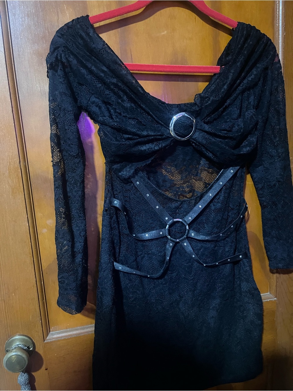 Black Lace Long-Sleeve Mini Dress with Ring Detail